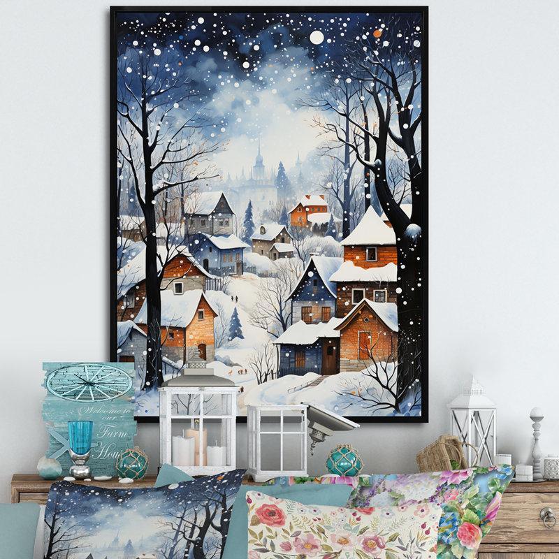 Harmony of Winter Village IV - Décoration murale paysage d'hiver, Cadre flottant noir, H 20 po x l 12 po x P 1 po