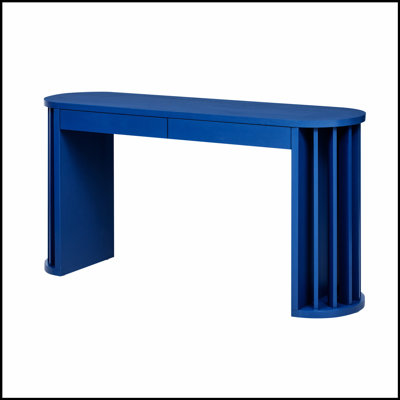 Console de 59 po de long avec placage de chêne, conception courbée et droite pour le vestibule, le couloir et le salon (bleu marine)