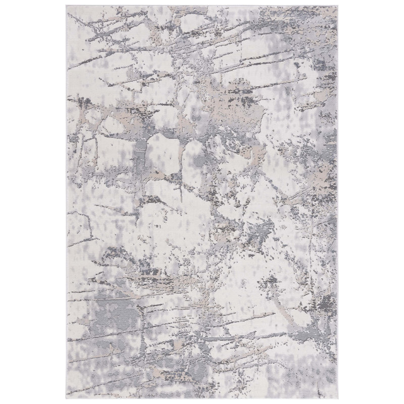 Tapis en polypropylène / polyester abstrait tissé à la machine en ivoire / gris, Rectangle 4 pi x 6 pi