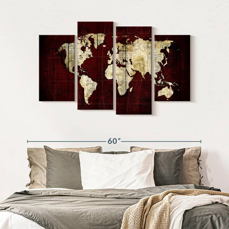 " White On Red World Map " 4 - Pieces, 32" H x 52" W