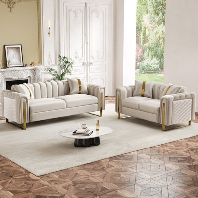 2-Piece Gradient Velvet Sofa Set with Gold Accent Arms