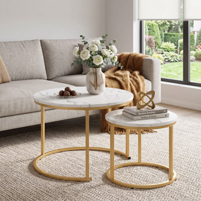 Coffee Table Nesting White Set of 2 Side Set Golden Frame Circular Round and Marble Pattern Wooden Tables, Living Room Bedroom Apartment Modern Industrial Simple Nightstand