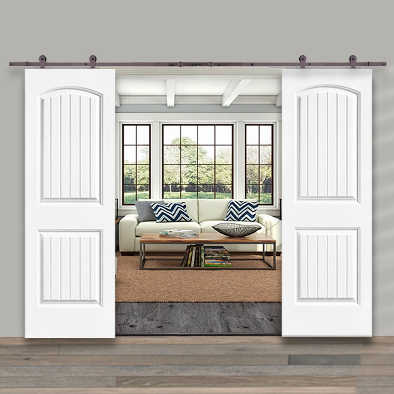 Camber Top Panelled Dignity Blue Stained Composite Mdf Double Barn Door Slab With Hardware Kit, White/Dark Coffee