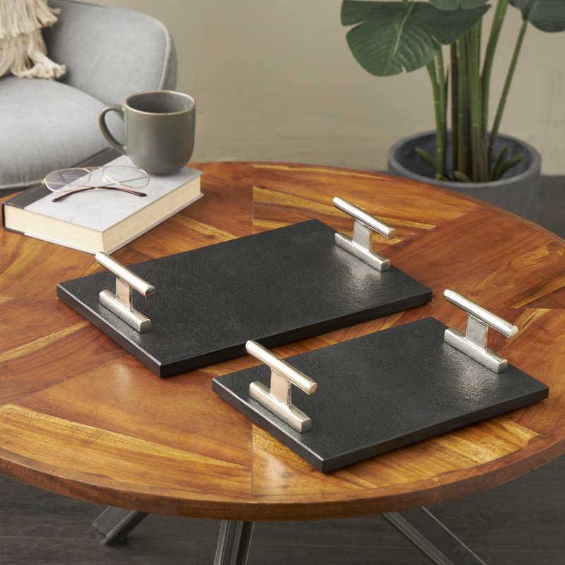 Aedic Mable Tray - Set of 2, Silver/Black, 3.25"Hx9.55"Wx14.85"D & 3.25"Hx8.05"Wx11.85"D