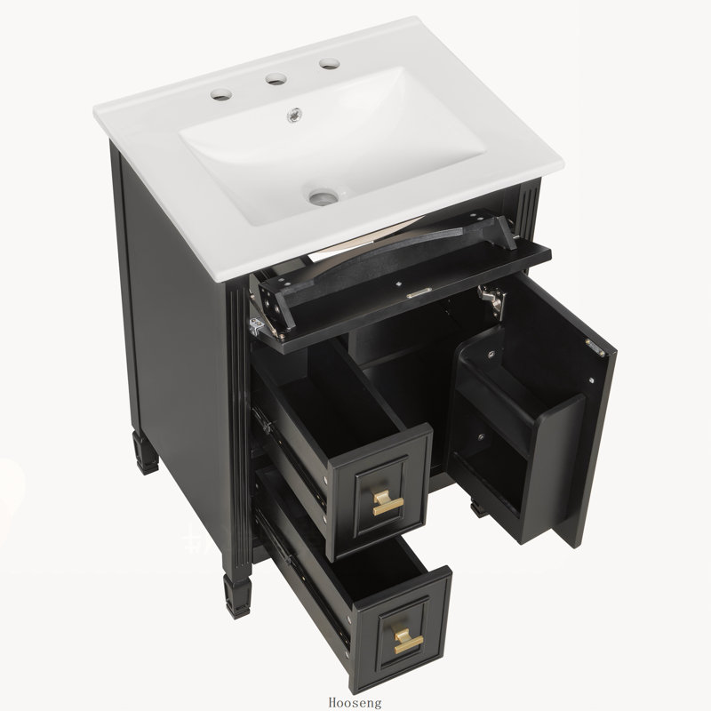 Meuble-lavabo autoportant de 24 po avec comptoir d'évier, armoire en bois massif et panneau de fibres à densité moyenne avec 1 tiroir rabattable, 2 tiroirs standard et tablette réglable, noir