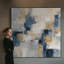 Impression sur tissu grand format - Motif géométrique abstrait bleu, gris et beige pour salon ou chambre - « Assemblage du cadre requis (cadre non fini) »-135869687