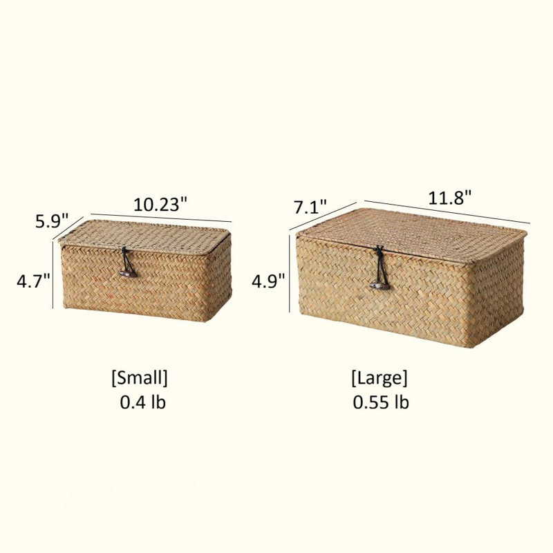 Panier de rangement rectangulaire en paille naturelle avec couvercle, H 4,7 po x l 10,23 po x P 5,9 po