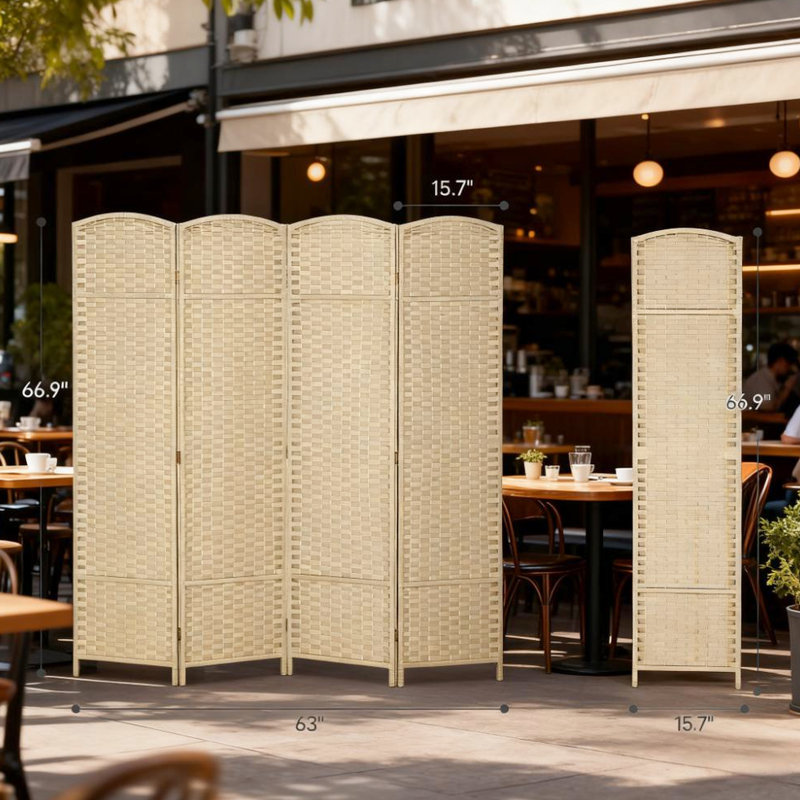 Paravent pliable tissé à la main à 4 panneaux avec dessus arqué, polypropylène et bois de pin, beige, pour un usage professionnel