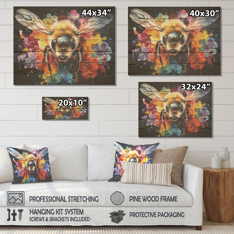 Abeilles colorées - insectes et insectes sur bois, H 10 po x l 20 po x P 0,78 po
