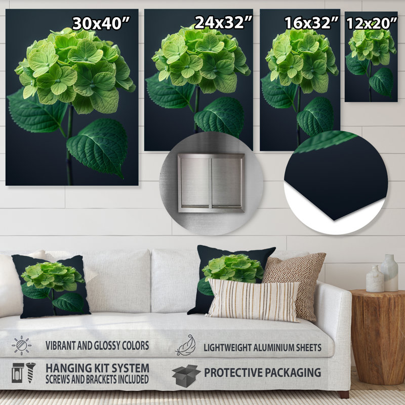 Élégant emblème vert gris hortensia, art mural hydrangées, Sans cadre, métal, H 12 po x l 20 po