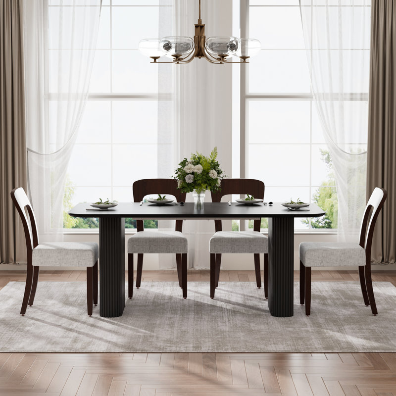 Ensemble de salle à manger rectangulaire à double piédestal avec chaise en chenille, Marron clair, Noir