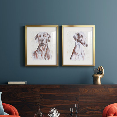 Sitting Dog I Sitting Dog I - Matted and Framed Under Acrylic Glass, Set of 2, Large Living Room Wall Art