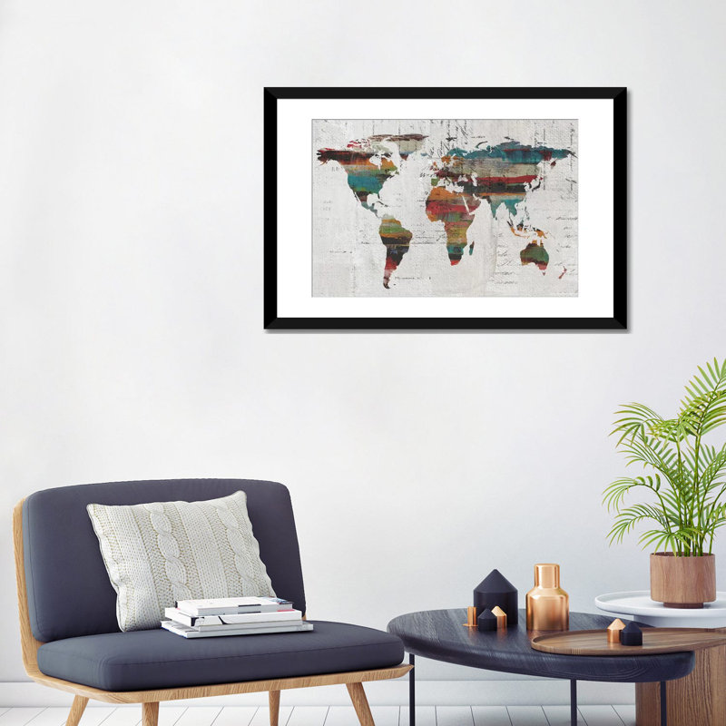 «Painted World Map IV», reproduction d'art sur toile tendue, H 24 po x l 32 po x P 1 po, Papier beaux-arts encadré noir