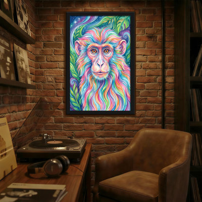 Animaux, singe coloré avec fond cosmique et feuilles