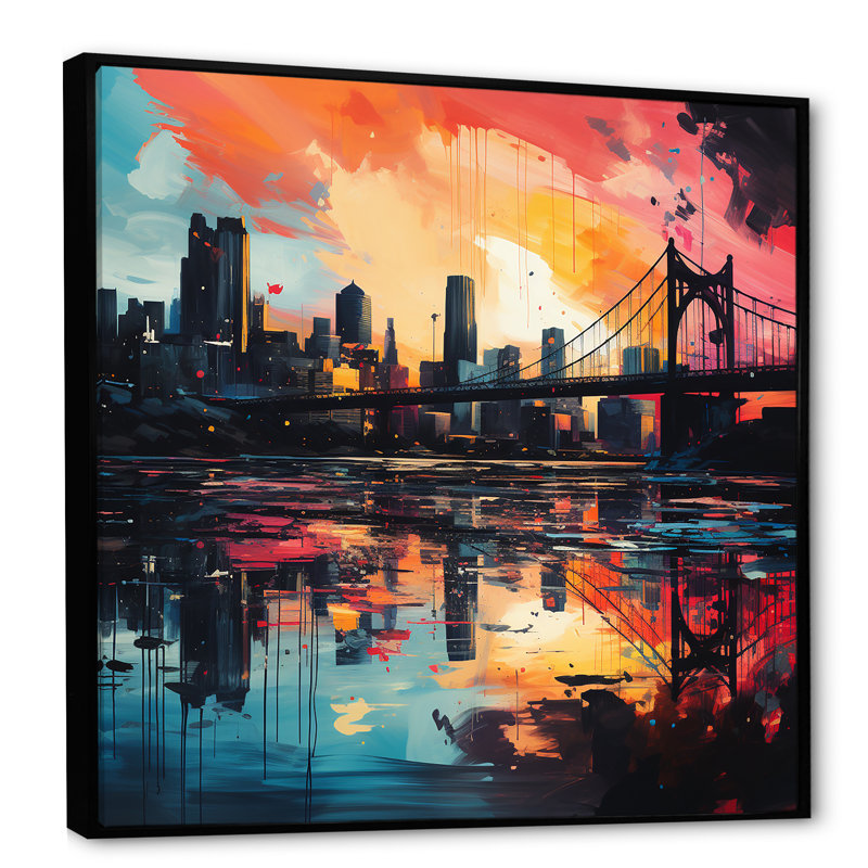 Paysage urbain coloré de Pittsburgh - art mural Pittsburgh, Cadre flottant noir, H 36 po x l 36 po x P 1,5 po