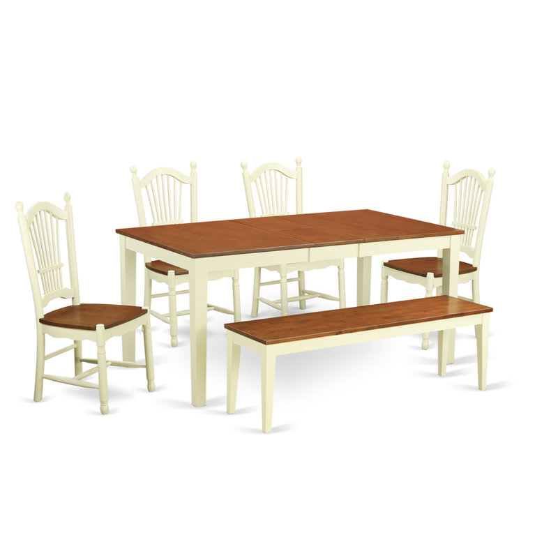 6 Piece Modern Dining Table Set Contains a Rectangle Wooden Table with Butterfly Leaf and 4 Dining Chairs with a Bench, Buttermilk & Cherry