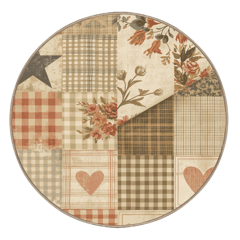 Machine Washable Pavla Cottage Americana Patchwork Rug in Beige – Beige Binding, 4' Round