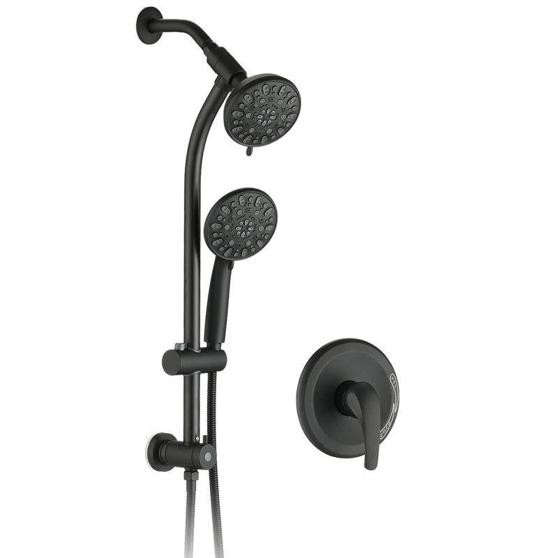 Pomme de douche double 7 avec perceuse - Barre coulissante en acier inoxydable à finition noire matte 7 tiges de réglage et double