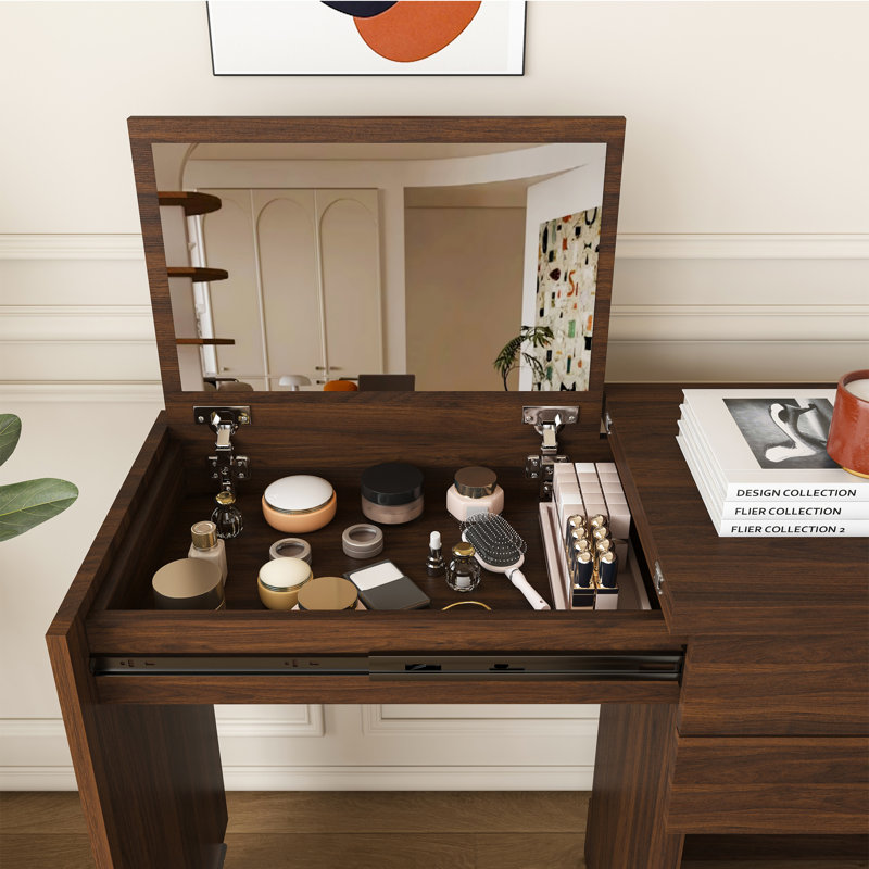 Ensemble de maquillage moderne avec miroir rabattable, Walnut