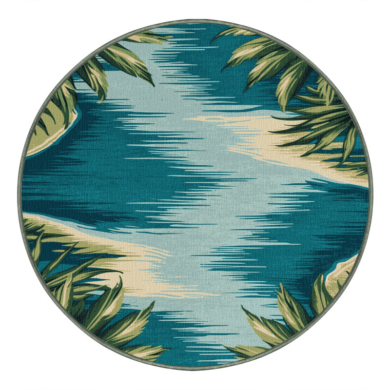 Washable Lagoons Hawaiian Area Rug, Round 6'
