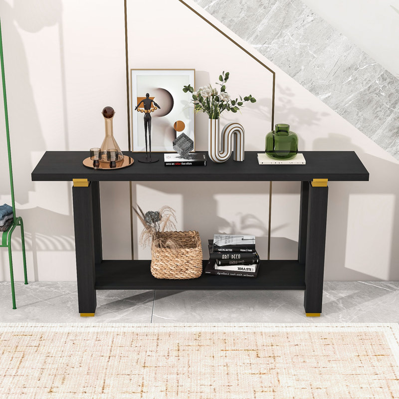 Console de style industriel avec pieds en bois, plateau en panneau de fibres à densité moyenne durable et tablette inférieure ouverte