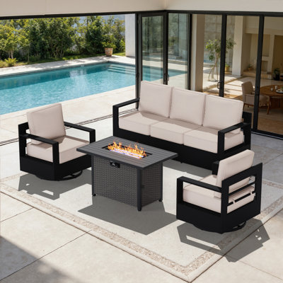 Abdullah 5-Person Modern Aluminum Patio Furniture Set with Fire Pit Table, 3-Seat Sofa, 2 Swivel Chairs and 6 Inch Beige Cushions