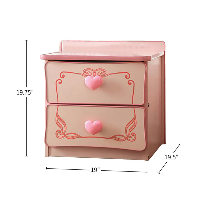 Table de chevet 2 tiroirs rose avec surface brillante et cœur pour chambre à coucher