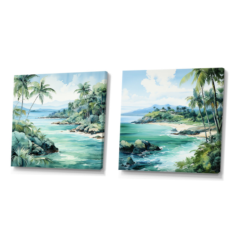 Tropical Beach Escape I - ensemble de 2 reproductions d'art mural bord de mer tropical, Toile tendue