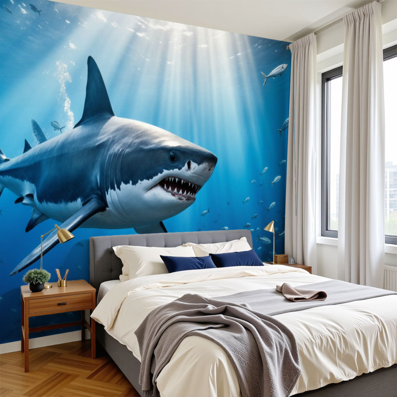 Papier peint adhésif pelez et collez, grand requin blanc nageant sous les rayons du soleil, art mural auto-adhésif et amovible