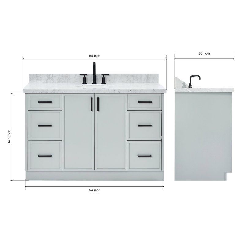 ARIEL Kelly 55 Single Sink Bathroom Vanity with Italian Carrara Marble Top, Gray