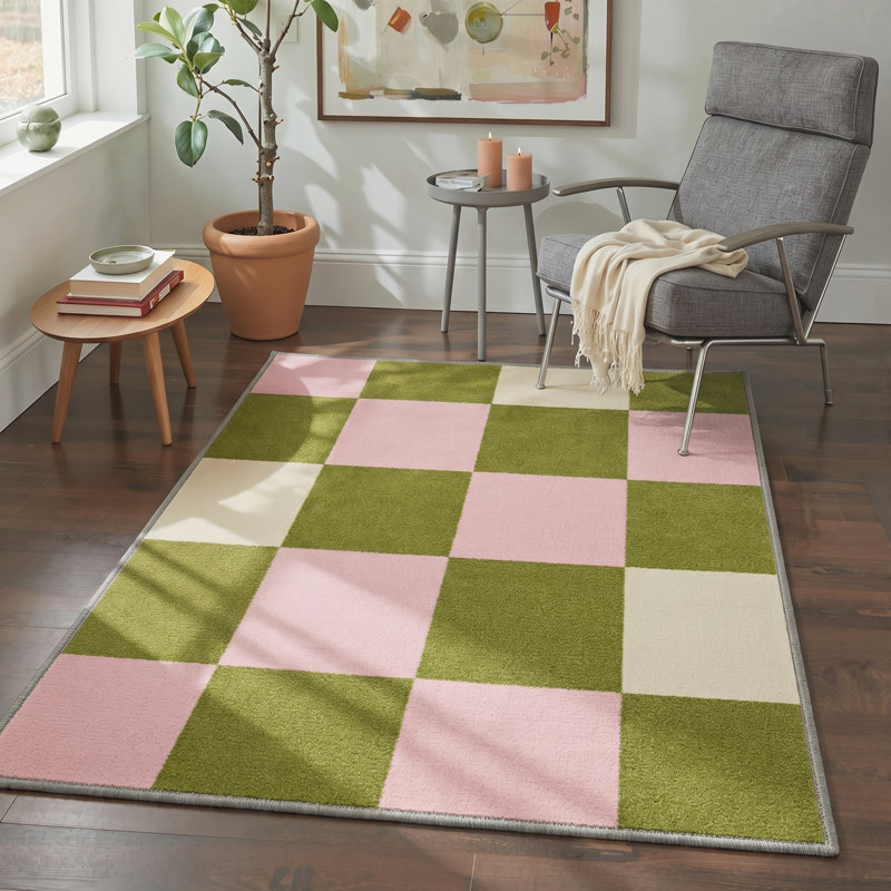 Tapis d'intérieur vert / beige / rose à motif damier lavable à la machine Aura, Rectangle 120 " x 96 "