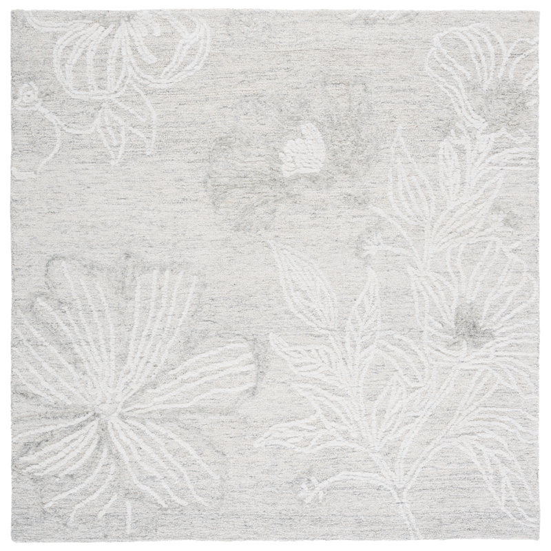 Ambrogia 226 Hand Tufted Wool/Cotton Floral Indoor Use Only Rug in Light Gray/Ivory, Square 6'