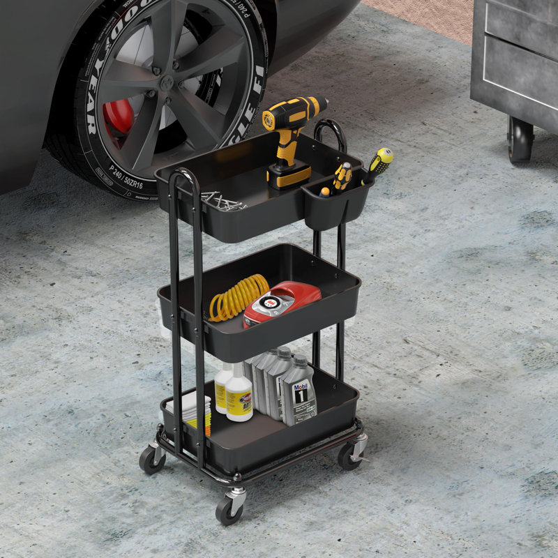 Black Metal 3-Tier Rolling Utility Storage Cart with Wheels