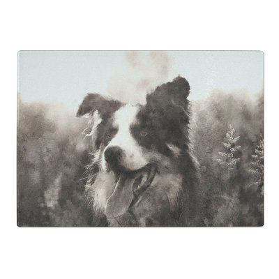 Tempered Glass Border Collie Dog in a Meadow Chopping Board