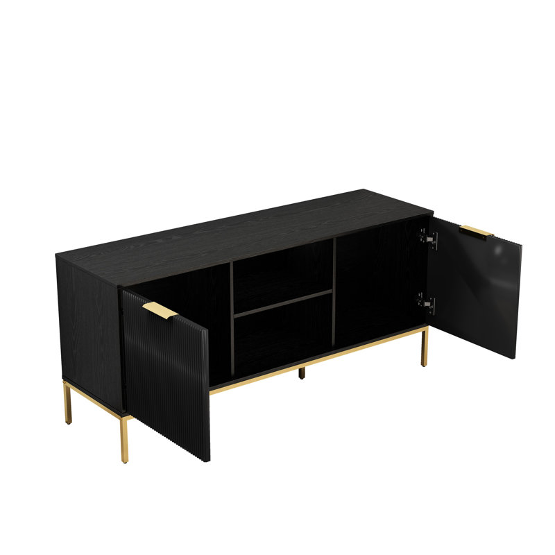 Meuble télé de style moderne avec portes en forme de vague, pieds dorés, fermeture en douceur, tablette ouverte pour consoles de jeu, tablette intérieure réglable, esthétique noire et dorée dans un espace de vie élégant 50 59 pouces