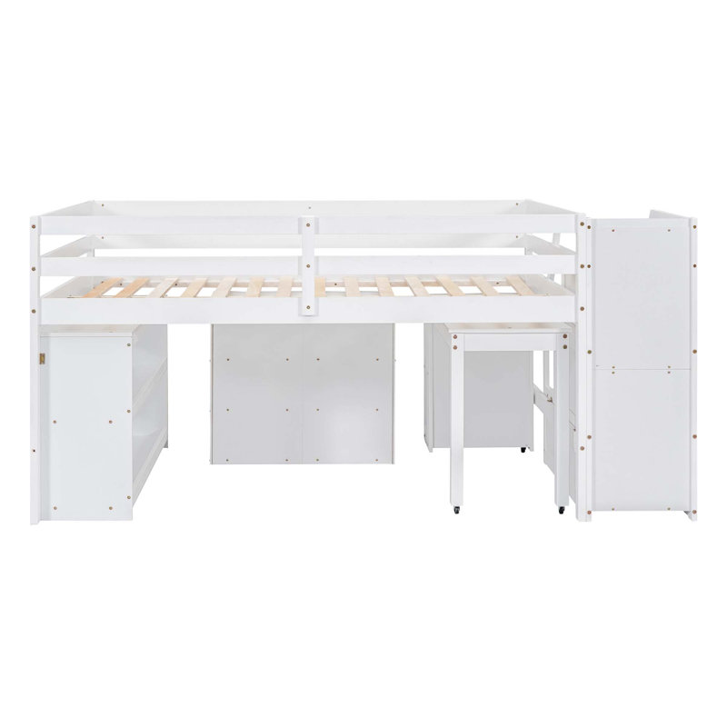 Jesska Low Loft Bed with Freestanding Desk, Storage Stairs, Dresser and Bookcase, Twin, White