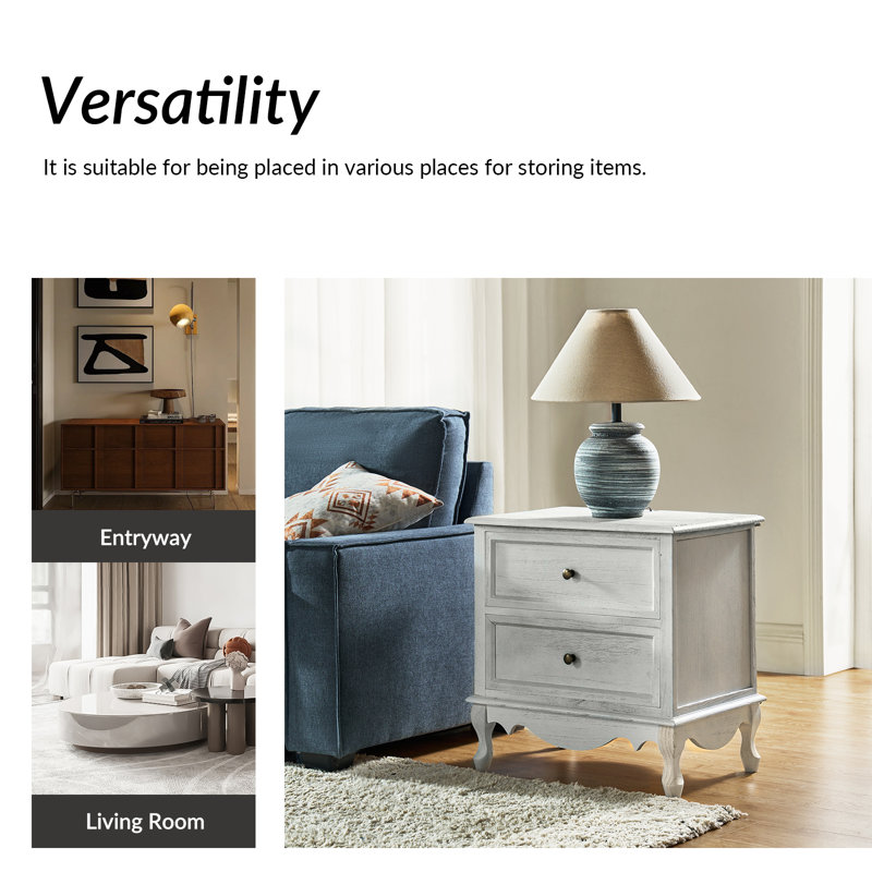 Lundgren Transitional 24''W 2-Drawer Nightstand with Wood Legs and Charging Station, White