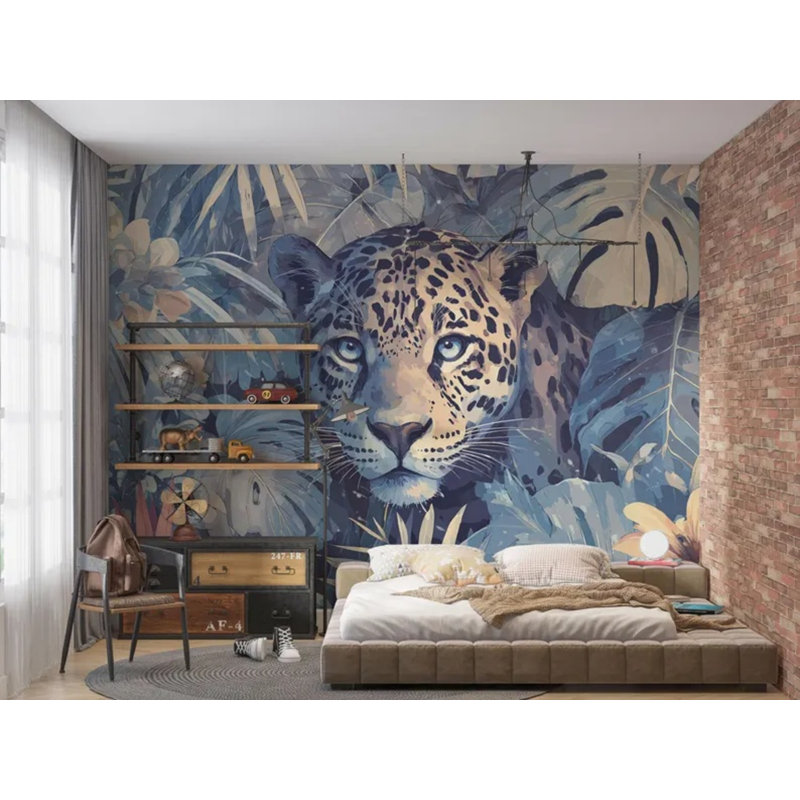 Murale léopard, feuilles tropicales, faune exotique, nature, L 204 po x l 114 po