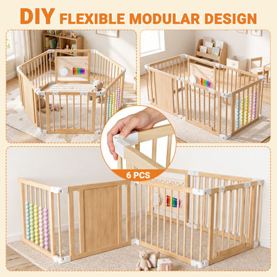 Playpen for Babies And Toddlers, Adjustable, Foldable Wooden Baby Playpen Activity Centre
