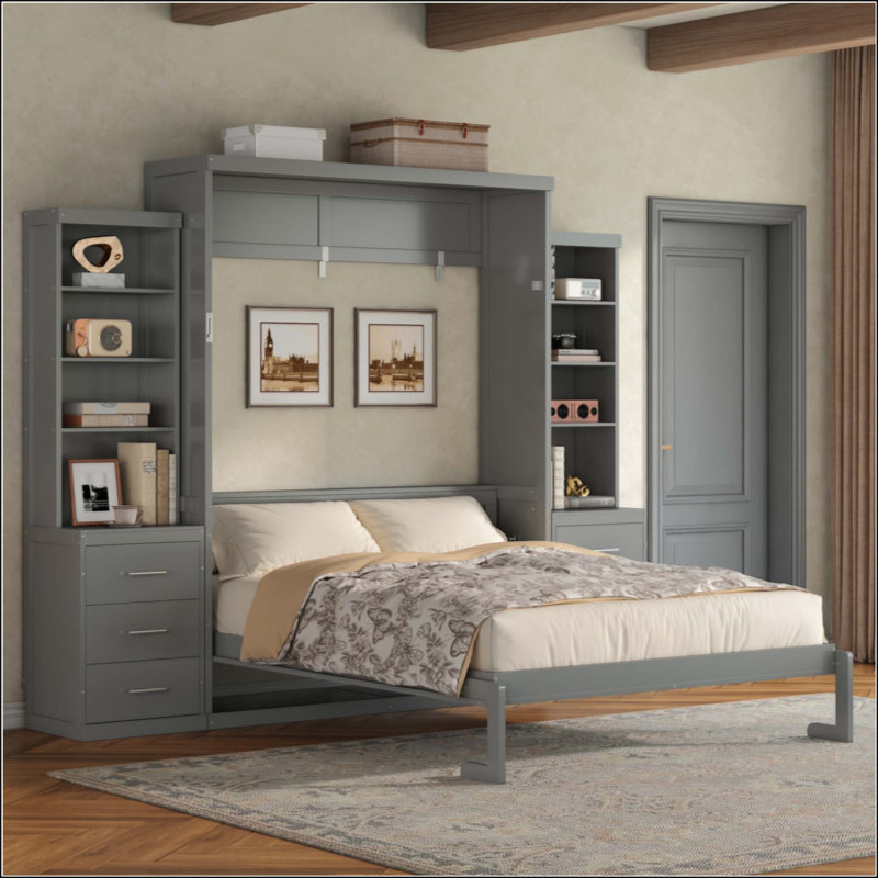 Lit escamotable avec tablettes de rangement et tiroirs Murphy, Gray, Queen