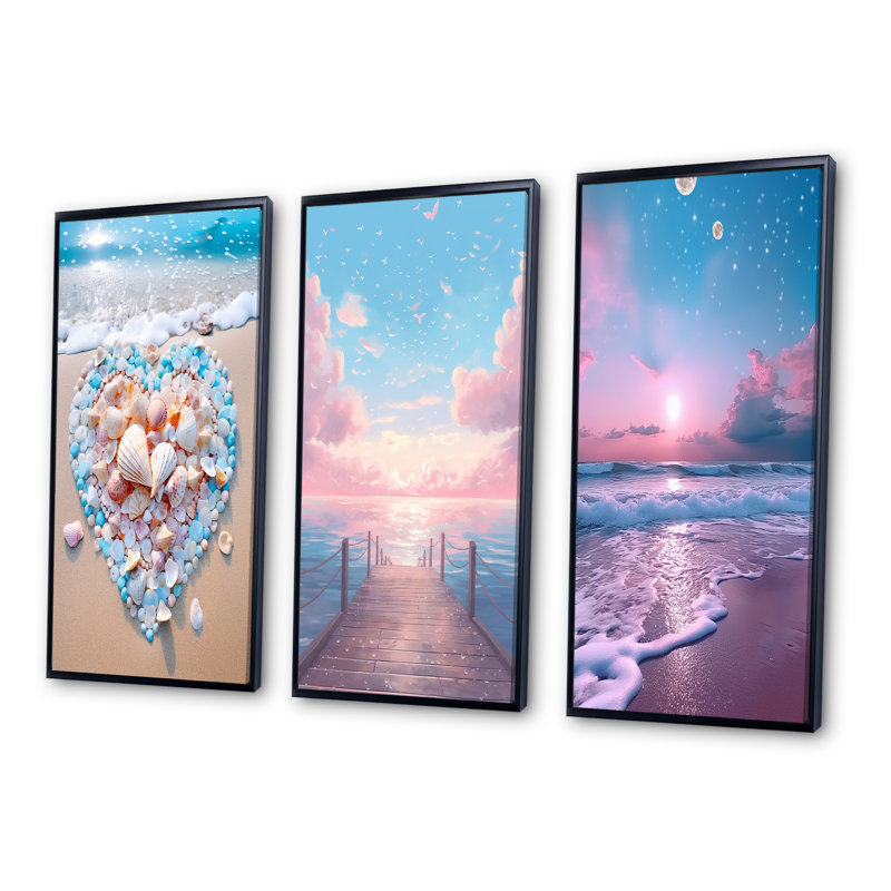 Cœur rose et turquoise sur la plage - ensemble de 3 reproductions, Cadre flottant noir, H 28 po x l 36 po
