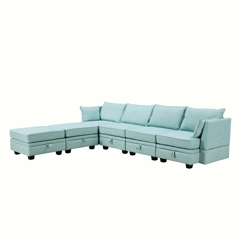 Wide Reversible Modular Sofa & Chaise with Ottoman, Light Green Polyester