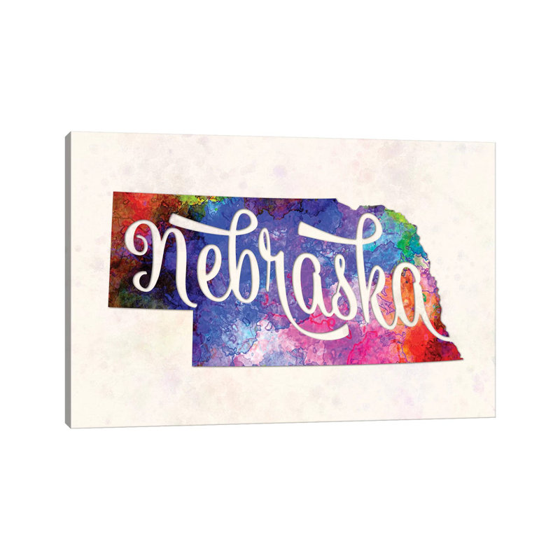 «Nebraska US State in Watercolor Text Cut out» par Paul Rommer, reproduction d'art sur toile tendue