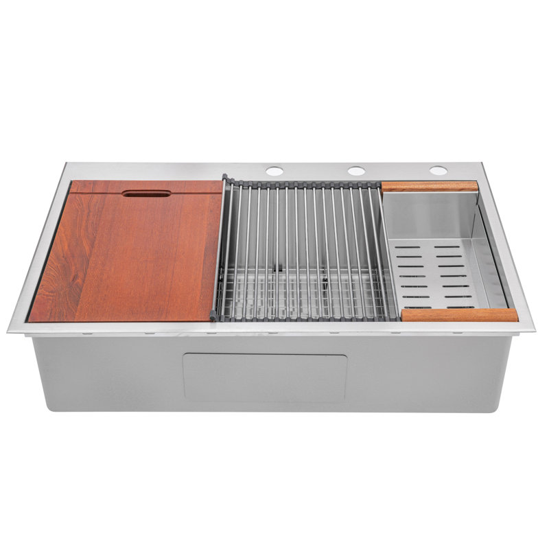 EModern Decor CozyBlock 22'' W Single Bowl Stainless Steel Drop-In Kitchen Sink with 3 Faucet Holes, Stainless Steel