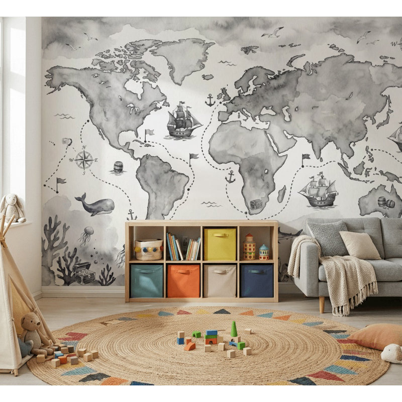 Papier peint carte du monde océan nautique, Peler et coller, 200 po x 120 po