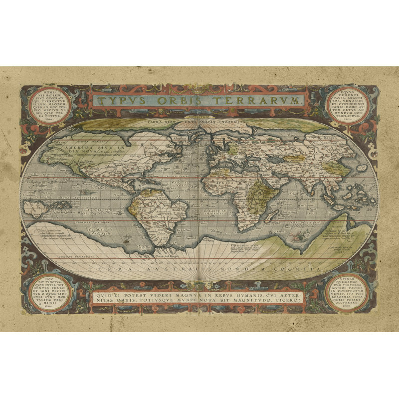 Carte du monde antique embelli, H 32 po x l 48 po
