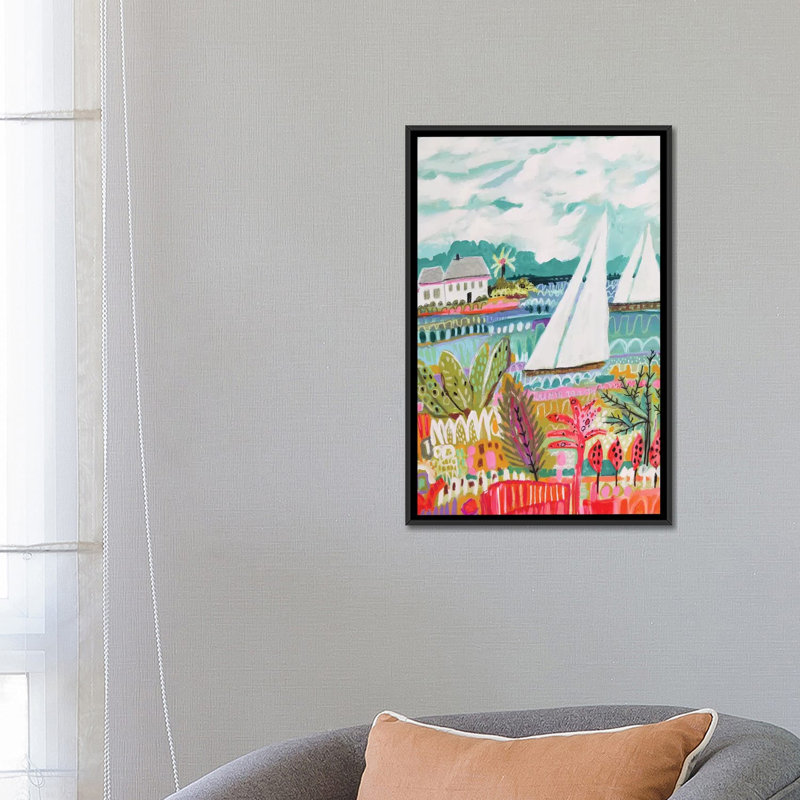 «Two Sail Sailers and Cottage II», impression sur toile, H 26 po x l 18 po x P 1,5 po, Toile avec cadre noir, Pas de tapis
