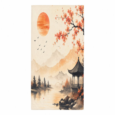 Serviette de plage japonaise 1Pcs, avec un paysage d'aquarelle serein avec pagode, fleurs de cerisier, montagnes et oiseaux sous le soleil levant. Idéal pour la piscine, les voyages et le camping.