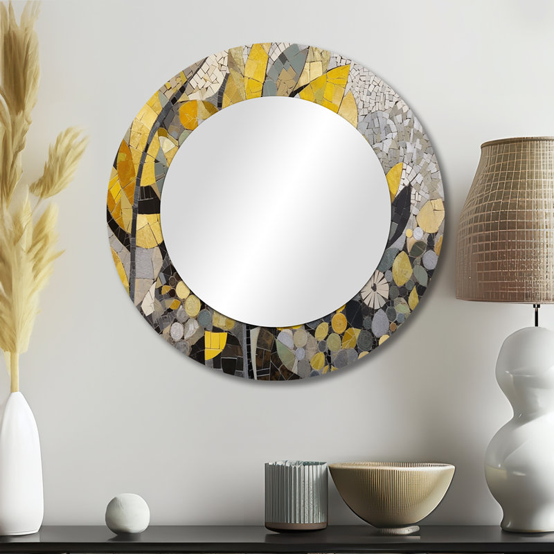 Packan Yellow And Grey Patterns In Artistic Fusion - Boho Mosaic Decorative Wall Mirror, Yellow Large Round Mirror, Printed Metal Art