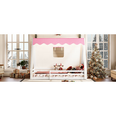 - Inspired Twin Bed With White + Pink Teepee, Tent, And Full Length Guardrails, Wood House Floor Tent , Guardrails For Independence